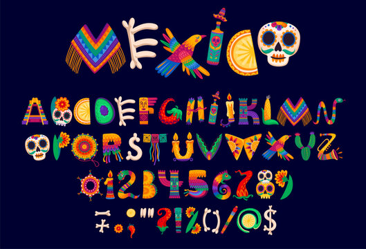 Mexican folk font, cartoon national type letters alphabet with fiesta pattern. Vector typography set of mexican font alphabet characters with Mexico holiday sombrero, tequila, aztec pyramid and skull