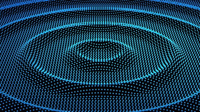 Abstract blue glowing dot wave pattern on black background. 3D render of particle grid forming ripple motion effect. Futuristic digital technology concept for science, data, and tech backgrounds.