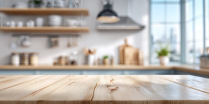 A bright, modern kitchen is softly blurred, highlighting a wooden tabletop in the foreground.