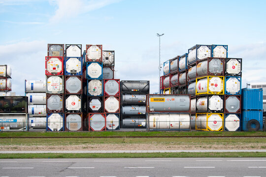 Large depot of ISO tank containers, standardized container, safe transport, storage of liquid bulk goods, chemical products or gases, steel tank, port of Rotterdam, Netherlands