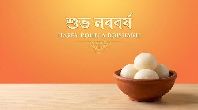 Delicious rasgulla sweets in a traditional clay bowl with a vibrant orange background celebrating happy Pohela Boishakh, the Bengali new year festival