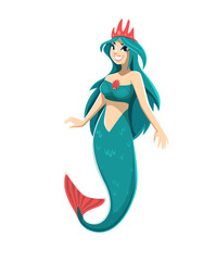Fototapeta premium Cartoon mermaid character. Adorable cute underwater sea princess with turquoise flowing hair, shimmering tail and smiling face. Isolated vector personage of magical or pirate adventure story or game