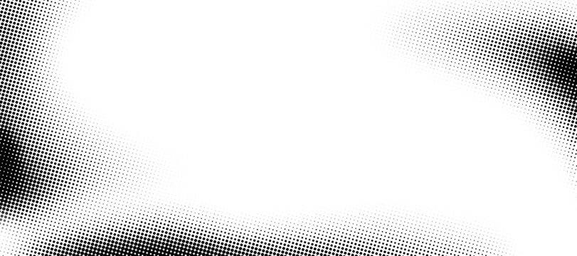 Monochrome grunge gradient dots pattern background. Halftone dotted black and white gradient grunge texture frame in abstract retro comic style fade effect. Vintage vector distressed border template