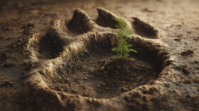 Large rhinoceros footprint in soil with small plant growing inside, symbolizing hope, legacy and conservation