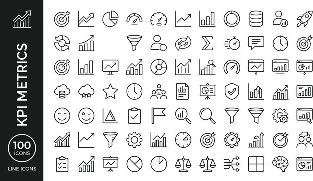 A collection of line icons representing various KPI metrics and business analytics tools AI, eps, png, jpg. transparent background.