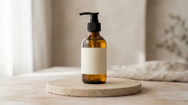 Amber pump bottle mockup on round stone podium