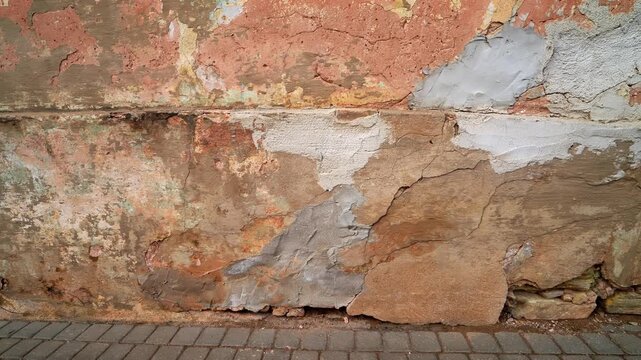 Close-up of a weathered exterior wall with peeling plaster, patch repairs, and flaking paint&mdash;grungy urban texture background with copy space.