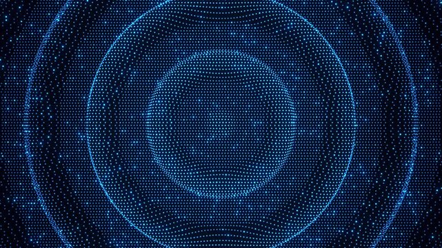 Abstract blue glowing particle sphere with ripple wave effect on deep blue dark background. 3D render of digital dot grid forming concentric rings. Futuristic AI, network, and big data technology conc