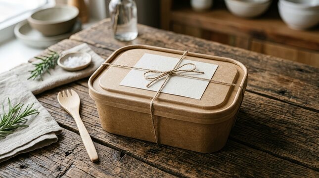 Kraft meal container with twine on rustic wood table