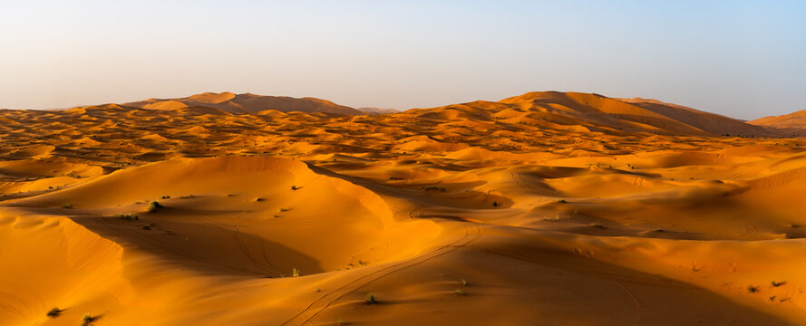 Visitors explore the vast sand dunes of Erg Chebbi in Merzouga, Sahara Desert, Morocco. The sun sets, casting golden light across the undulating landscape of fine sand.