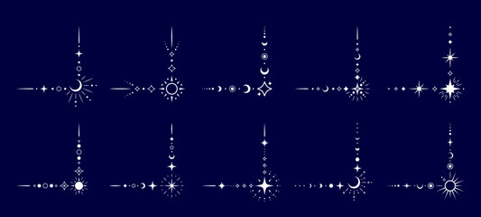 Obraz na płótnie Canvas Esoteric magic celestial border corners and frame vector elements with stars, moon and sun gold ornaments. Astrology occult mystic golden line corners set for magic tarot frames, borders and dividers