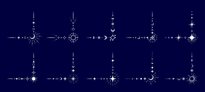 Esoteric magic celestial border corners and frame vector elements with stars, moon and sun gold ornaments. Astrology occult mystic golden line corners set for magic tarot frames, borders and dividers
