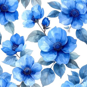 Watercolor floral pattern in various shades of blue against a clean white background