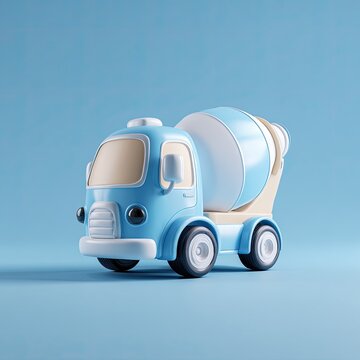 A charming, stylized illustration depicts a blue cement mixer truck against a solid blue background, evoking a playful and whimsical aesthetic.