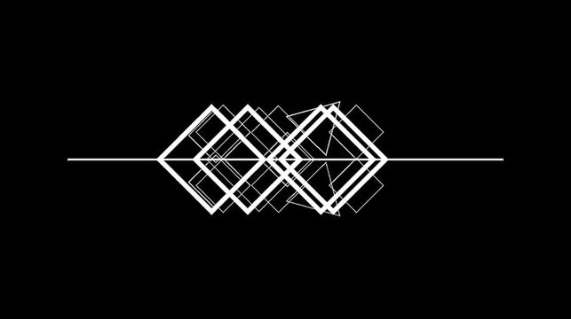 Horizontal abstract geometric pattern with white lines on black background an digital animation showing a arrangement of overlapping diamond shapes with a central line