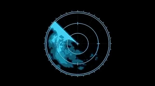 Radar screen displaying weather patterns on a black background a close-up view of a circular blue cloud formations and a sweeping beam on a dark map technology clocks circular blue