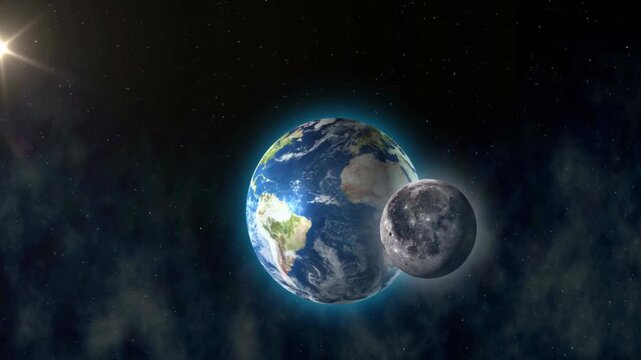 Beautiful 3d earth planet and moon animation. Space World planet satellite Stars galaxy background.