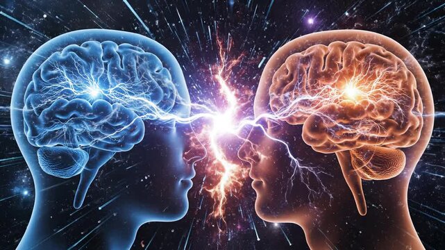 Two heads with glowing brains in space for tech concepts, digital marketing, and scientific projects