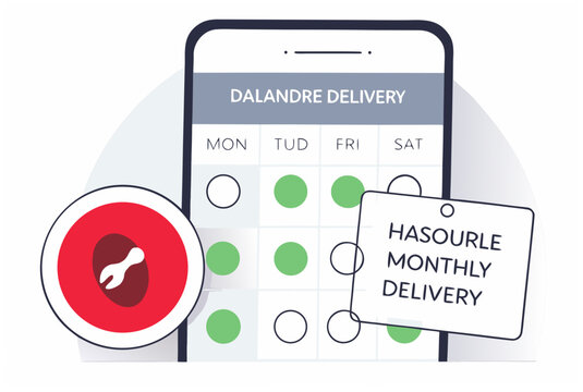 Smartphone with calendar showing scheduled deliveries, a wrench icon, and hasourle monthly delivery note. Subscription commerce design. Vector illustration
