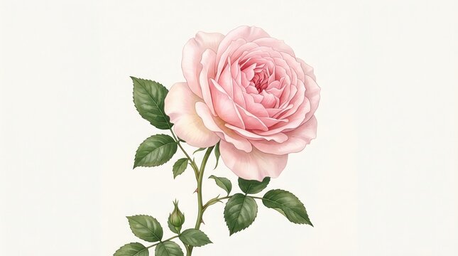 A pink rose with green leaves on a white background