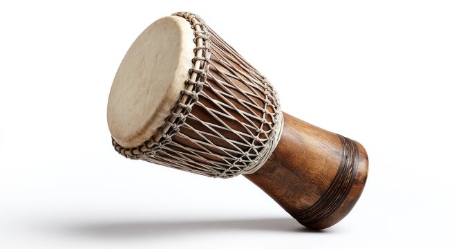 Rustic wooden drum with taut animal hide head, bound by rope, on white