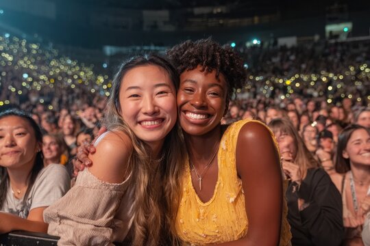 Two Women Enjoying Concert Together.