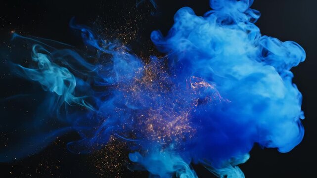 Blue smoke explosion with sparks for commercial backgrounds, digital design, and advertising
