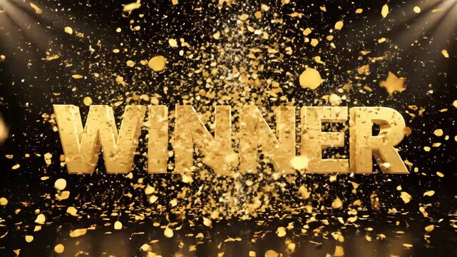 Golden winner text with confetti for commercial backgrounds, digital design, and advertising