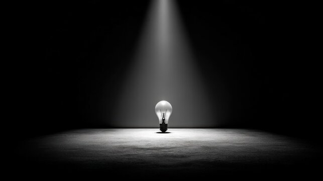 A traditional spiral light bulb illuminated in a vertical beam of light within a pure black background, symbolizing insp