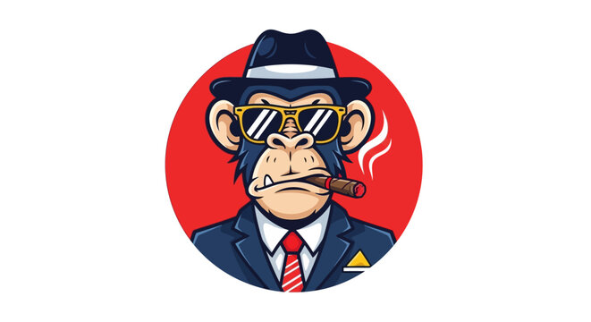 Cartoon monkey in suit and hat with sunglasses and cigar against red background
