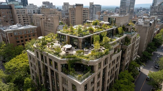 Modern Luxurious Rooftop Garden with Plants and Seating in Urban Setting