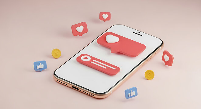 Smartphone with social media icons and heart symbols on screen display