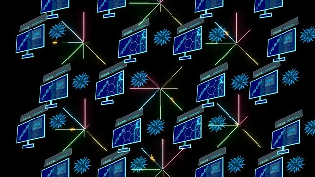 peer to peer network connection simulation of virus covid 19 on monitor digital technology to reseach about mutation