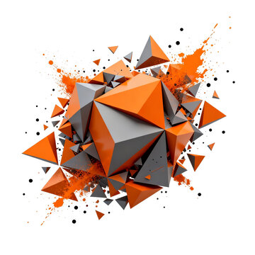 [Transparent Background PNG]Abstract orange and gray geometric polyhedral shapes explosion