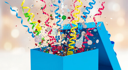 Fototapeta premium Vibrant blue gift box exploding with colorful confetti and streamers inside celebration
