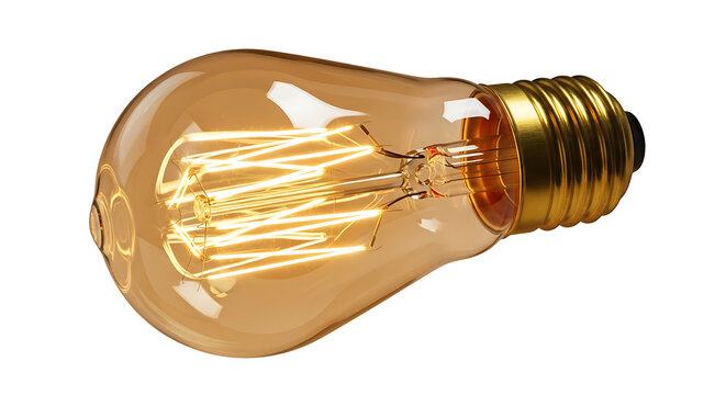 Vintage style Edison light bulb with glowing filament on white background closeup