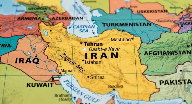 Iran Political Map Highlighting Borders with Iraq, Turkey, Afghanistan and Turkmenistan, Pakistan and Caspian Sea Colorful Middle East Geography Illustration