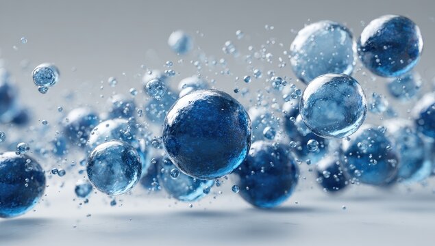 A dynamic composition of translucent blue spheres and droplets creates a visually striking and ethereal effect.
