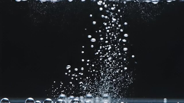 Clear effervescent bubbles rising in dark liquid