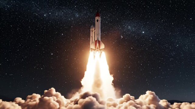 Rocket launch at night for tech concepts, digital marketing, and scientific projects
