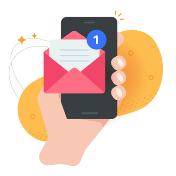 New email mail message on smartphone mobile phone notification in person hand modern cartoon minimal graphic illustration, virtual digital online letter in envelope cellphone screen received 
