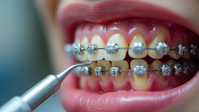 Orthodontic metal braces wire being tightened with dental tool on molars, dental chair background