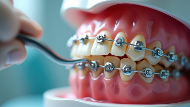 Orthodontic metal braces wire being tightened with dental tool on molars, dental chair background