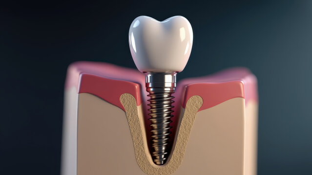 3D rendered titanium dental implant screwing into jawbone cross section with osseointegration visible