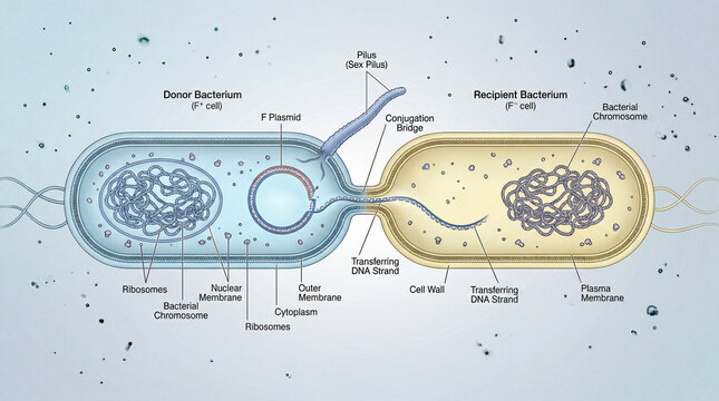Study of bacterial conjugation showing donor and recipient bacteria exchanging DNA strands in a laboratory setting