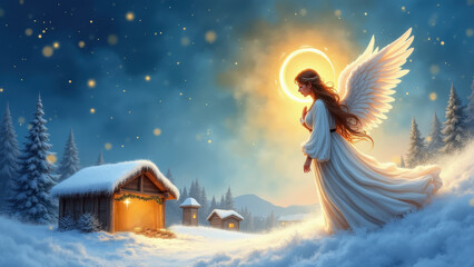 Naklejka premium Watercolor Christmas angel with golden halo floating over snowy Bethlehem village, soft painted night sky background