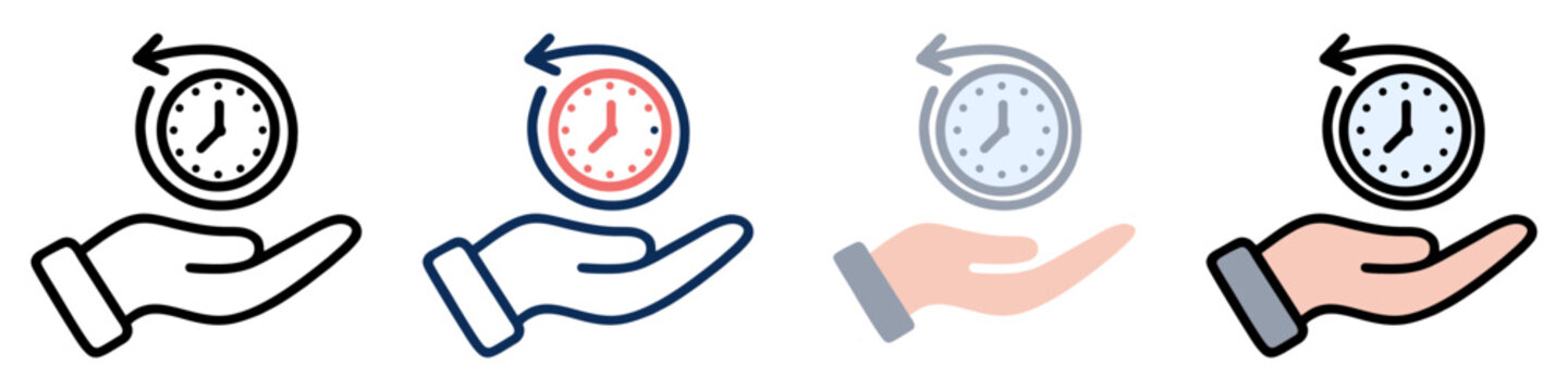 Hand Holding Clock Time Management Vector Icon Set, Outline, Colored and Blue Style, Save Time, Time Care Symbol, hand clock icon, time management, save time vector, clock symbol
