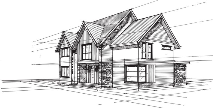 Intricate black and white sketch of a charming old fashioned house with a steeply pitched roof and detailed textures