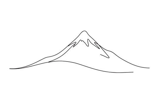 Minimalist single-line mountain silhouette with snowcapped peak, clean continuous contour drawing on white background, simple nature landscape illustration