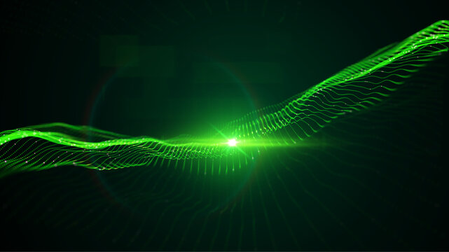 Futuristic green wave vector background with glowing particles and grid. Big data visualization, AI concept, data processing. Perfect for cybersecurity, blockchain tech presentation. Neon digital flow